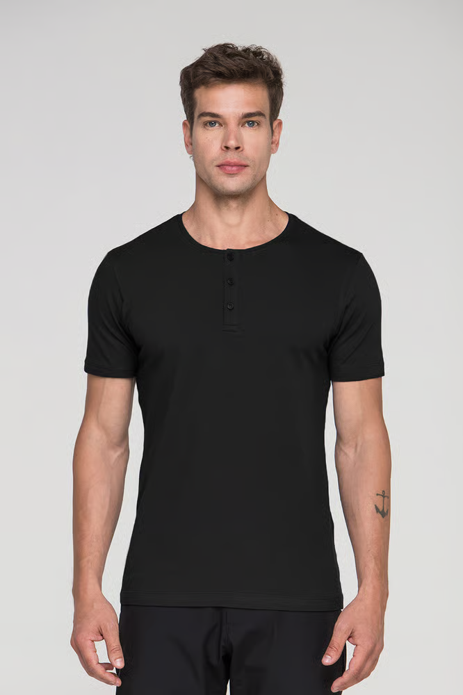 Camiseta Manga Curta Henley Smart Algodão Egípcio Preto