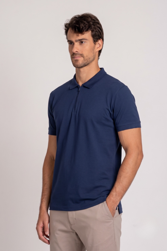 Camiseta Polo Algodão Egípcio Duplo Azul