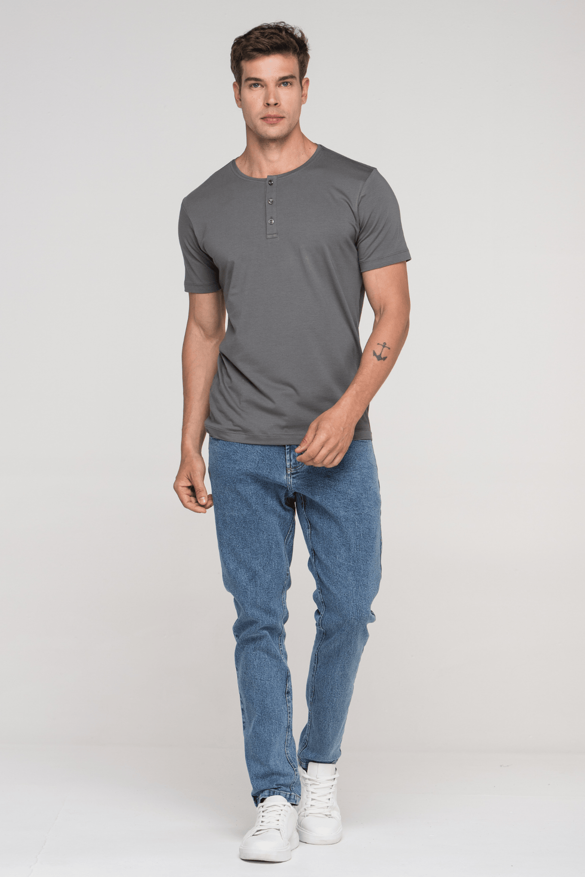 Camiseta Manga Curta Henley Smart Algodão Egípcio Cinza