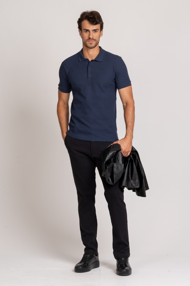 Camiseta Polo Waffle Texture Azul Marinho