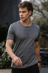 Camiseta Manga Curta Henley Smart Algodão Egípcio Cinza