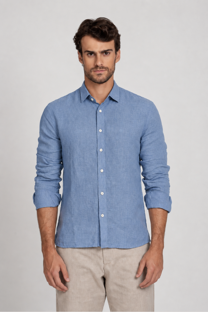 Camisa Social Manga Longa | Linho Puro - Azul Médio