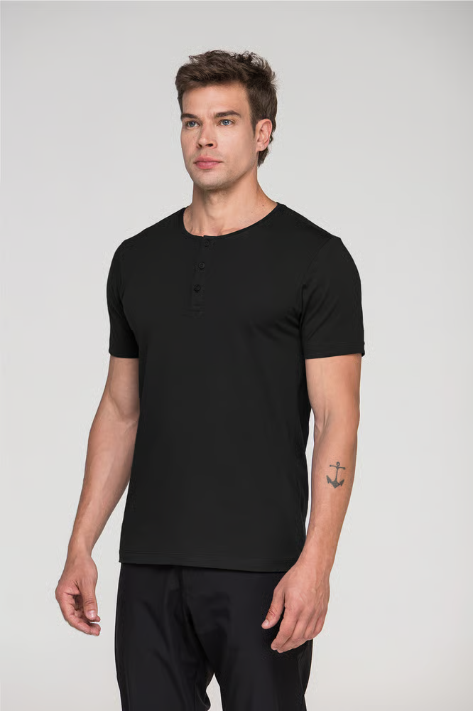 Camiseta Manga Curta Henley Smart Algodão Egípcio Preto