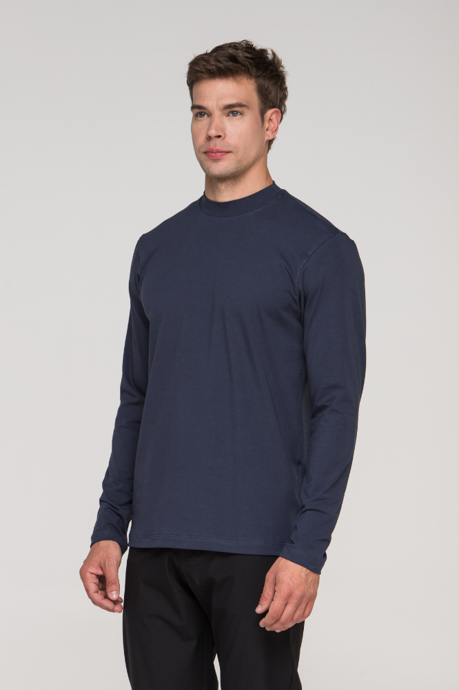 Camiseta Manga Longa e Gola Média Algodão Egípcio Duplo Azul