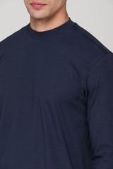 Camiseta Manga Longa e Gola Média Algodão Egípcio Duplo Azul