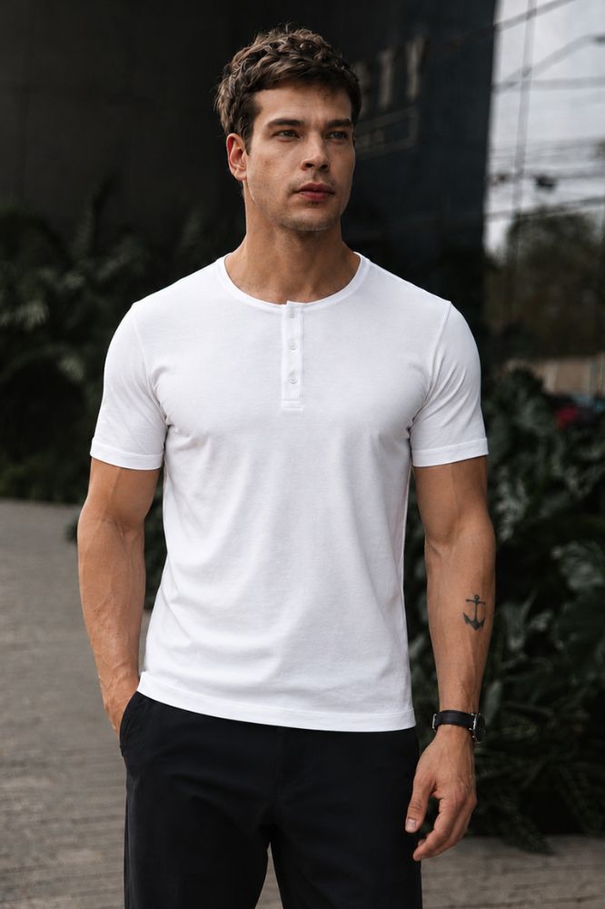 Camiseta Manga Curta Henley Smart Algodão Egípcio Branco