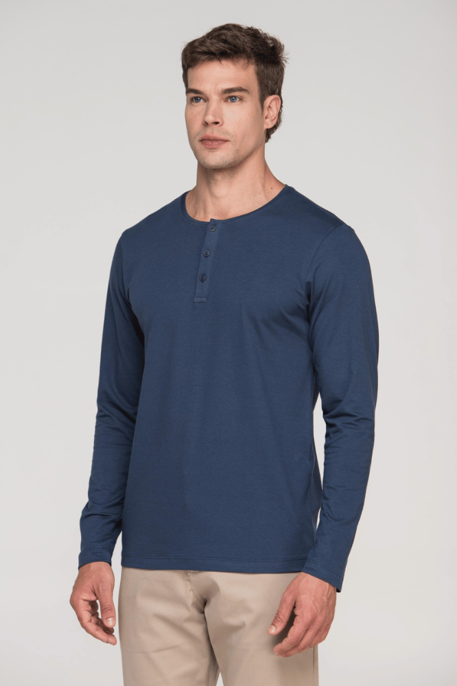 Camiseta Henley Manga Longa - Azul