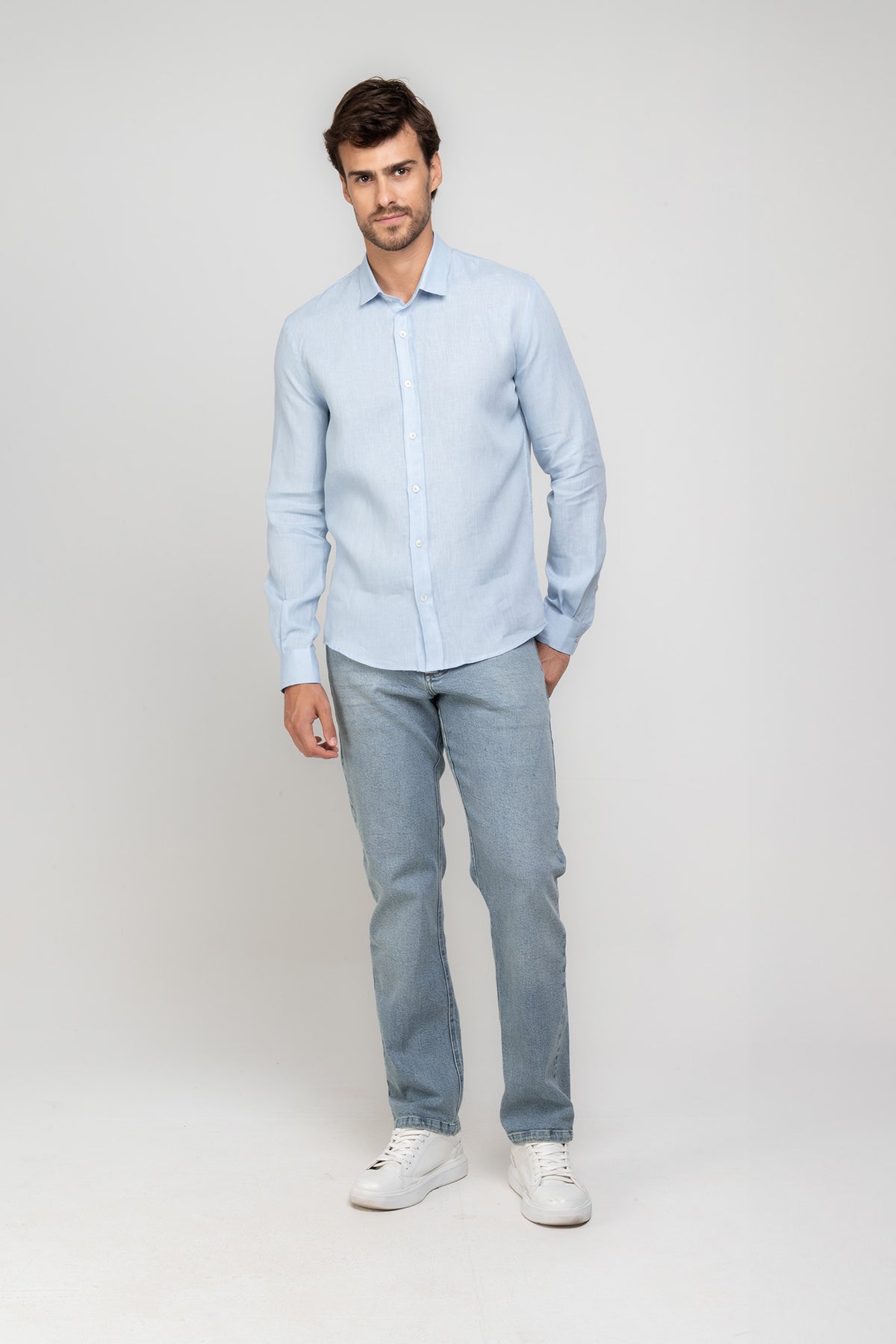 Camisa Social Manga Longa Linho Puro Azul Claro