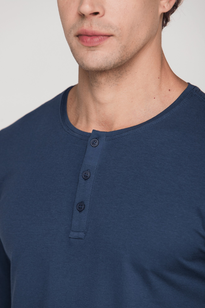 Camiseta Henley Manga Longa - Azul