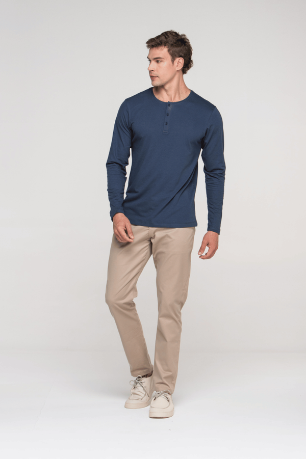Camiseta Henley Manga Longa - Azul