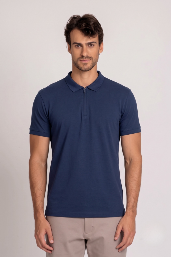 Camiseta Polo Algodão Egípcio Duplo Azul