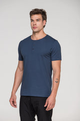 Camiseta Manga Curta Henley Smart Algodão Egípcio Azul