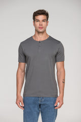 Camiseta Manga Curta Henley Smart Algodão Egípcio Cinza