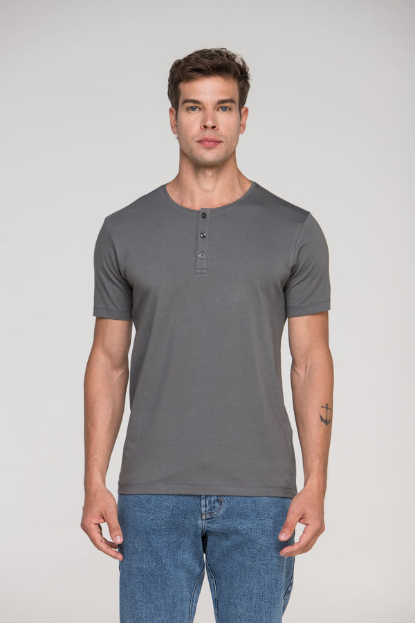 Camiseta Manga Curta Henley Smart Algodão Egípcio Cinza