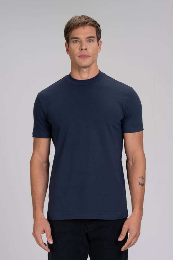 Camiseta Gola Média Algodão Egípcio Duplo Azul Marinho