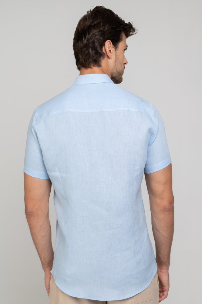 Camisa Social Linho Puro Manga Curta Azul Claro