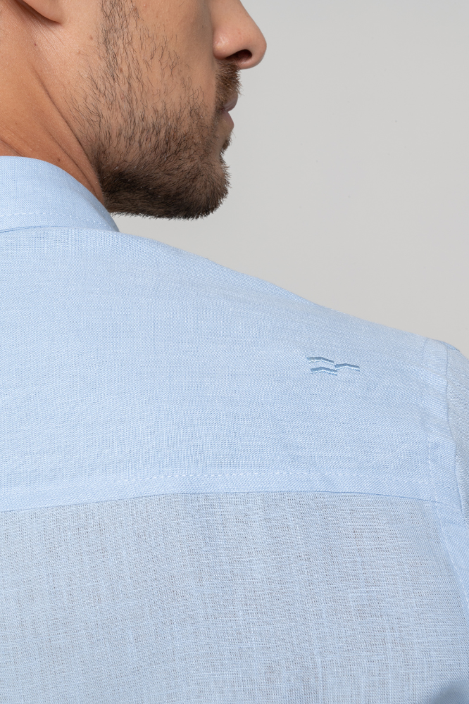 Camisa Social Linho Puro Manga Curta Azul Claro