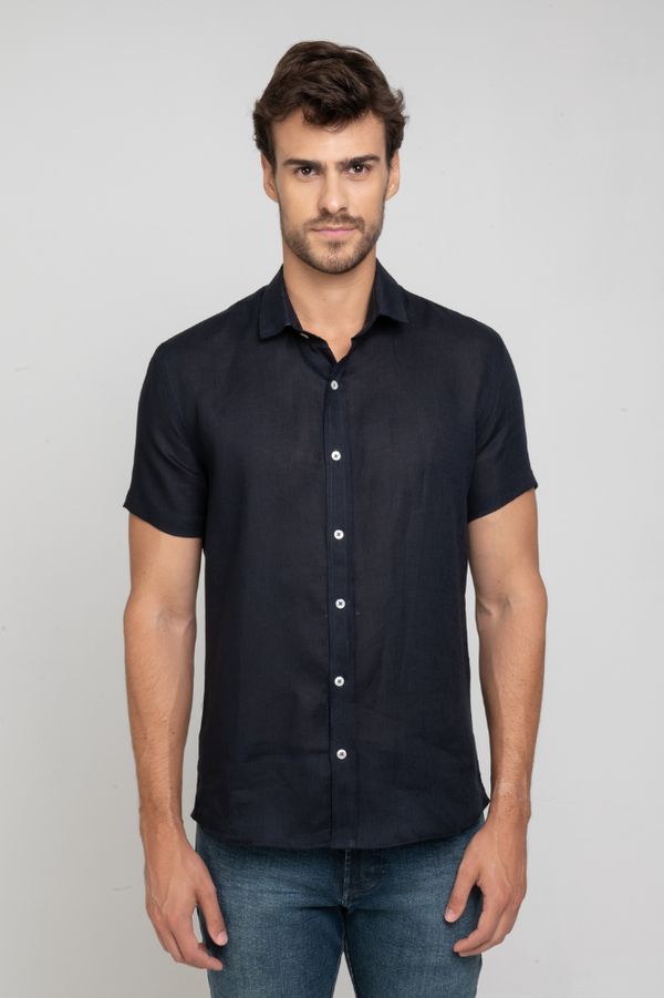 Camisa Social Linho Puro Manga Curta Azul Marinho