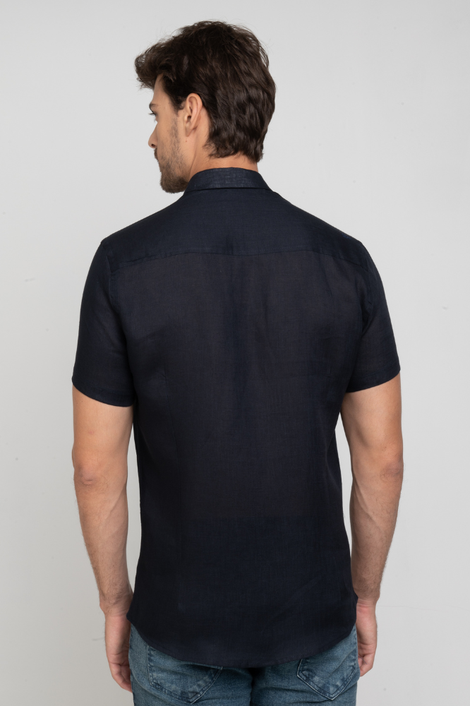 Camisa Social Linho Puro Manga Curta Azul Marinho