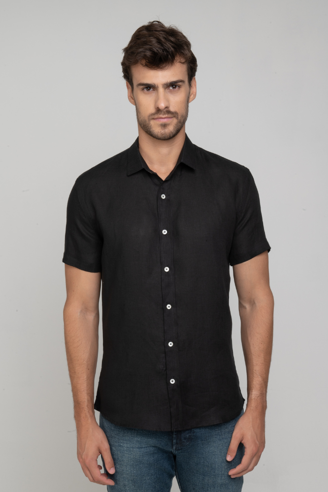 Camisa Social Linho Puro Manga Curta Preta