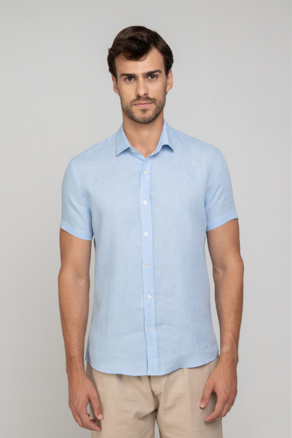 Camisa Social Linho Puro Manga Curta Azul Claro