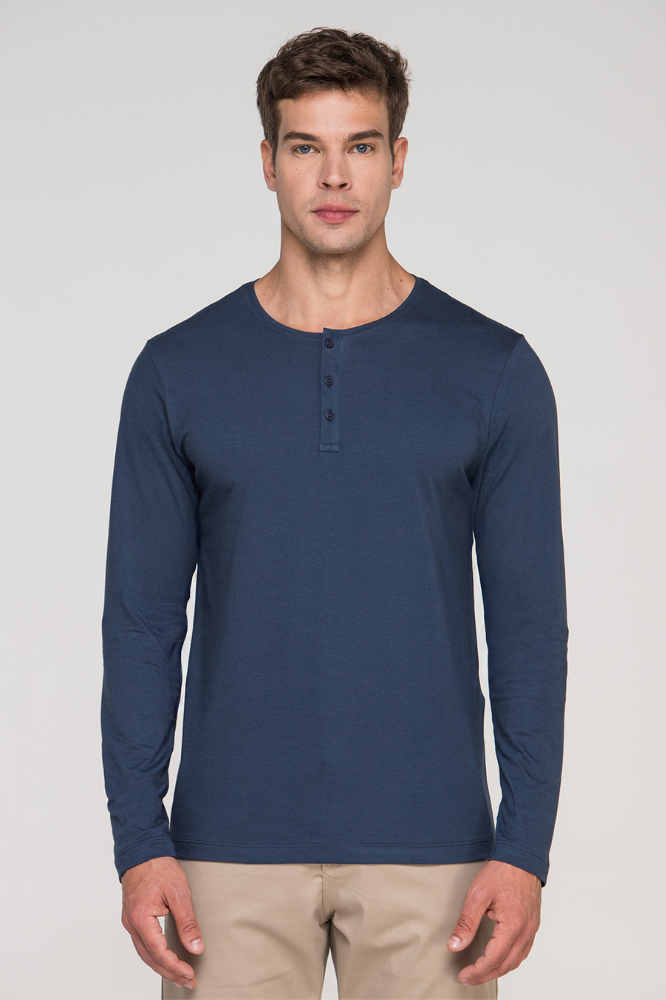 Camiseta Henley Manga Longa - Azul