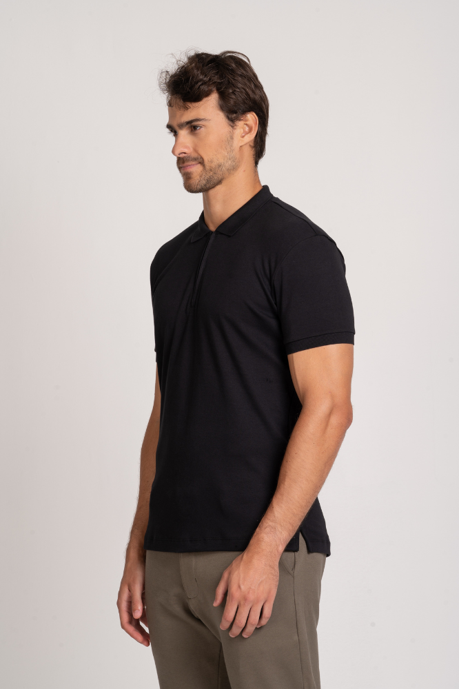 Camiseta Polo Algodão Egípcio Duplo Preta