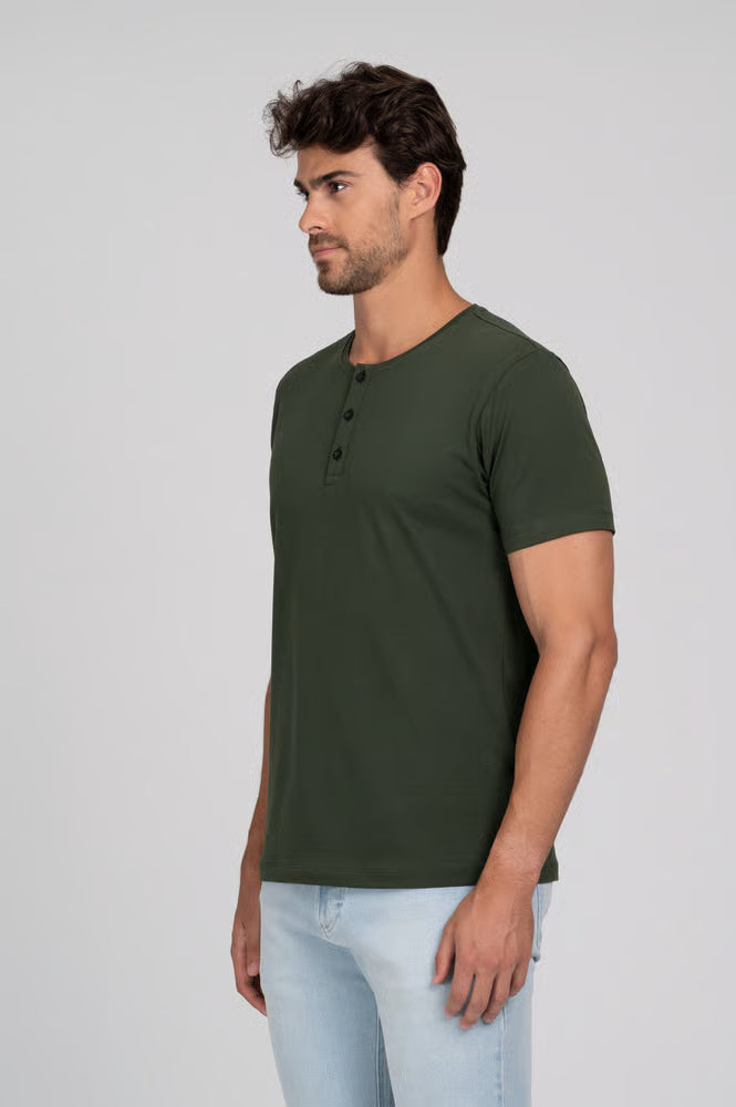 Camiseta Manga Curta Henley Smart Algodão Egípcio Verde