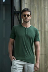 Camiseta Manga Curta Henley Smart Algodão Egípcio Verde
