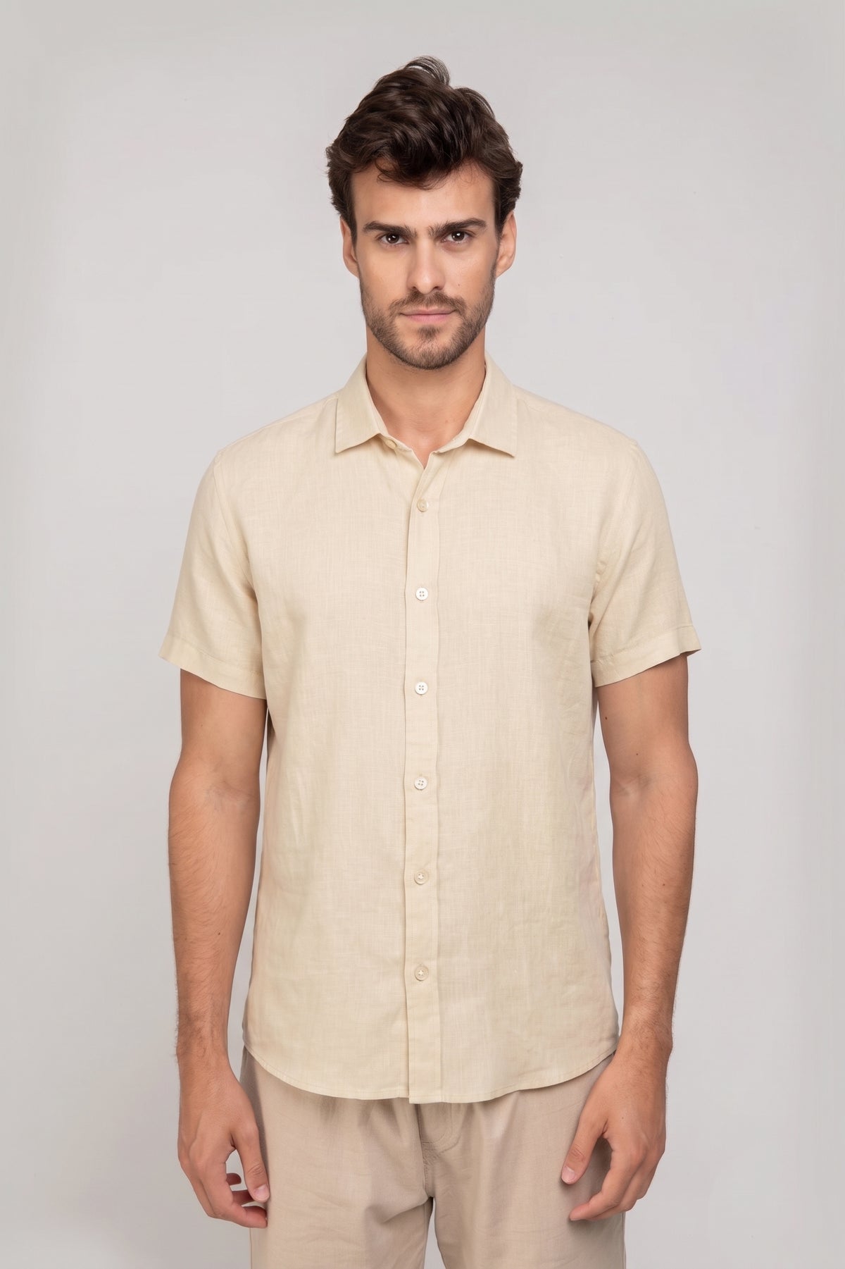 Camisa Social Linho Puro Manga Curta Bege