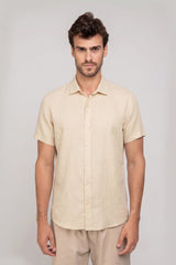 Camisa Social Linho Puro Manga Curta Bege
