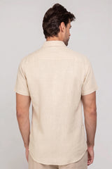Camisa Social Linho Puro Manga Curta Bege