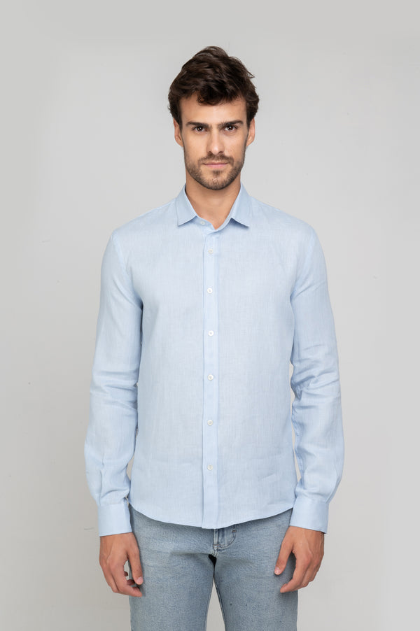 Camisa Social Manga Longa Linho Puro Azul Claro