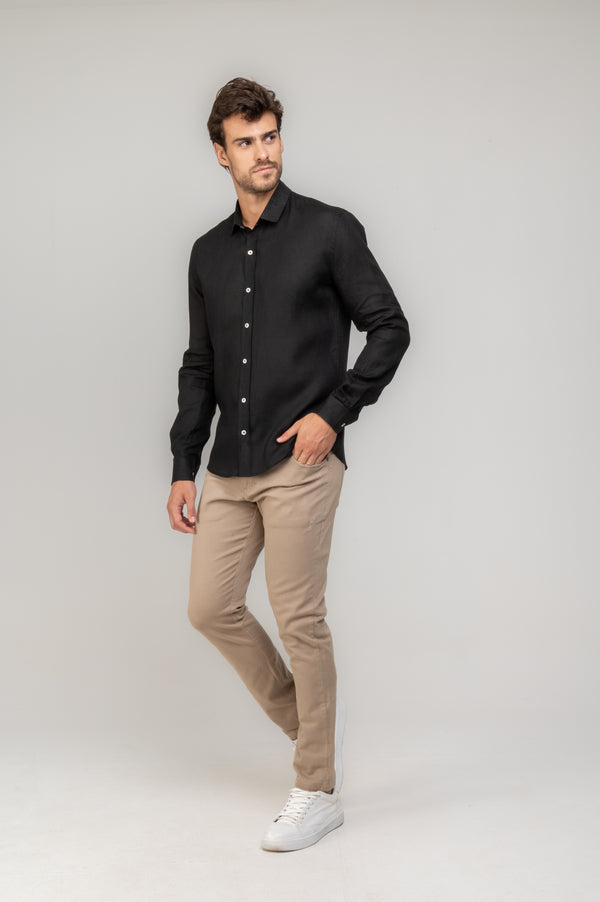 Camisa Social Manga Longa Linho Puro Preto