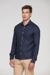 Camisa Social Manga Longa Linho Puro Azul Marinho