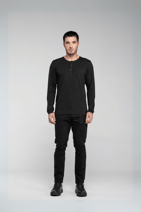 Camiseta Henley Manga Longa - Preto