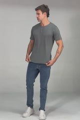 Camiseta Manga Curta Henley Smart Algodão Egípcio Cinza