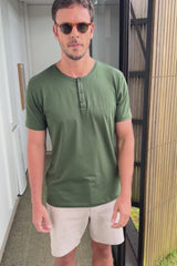 Camiseta Manga Curta Henley Smart Algodão Egípcio Verde