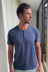 Camiseta Manga Curta Henley Smart Algodão Egípcio Azul