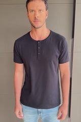 Camiseta Manga Curta Henley Smart Algodão Egípcio Preto