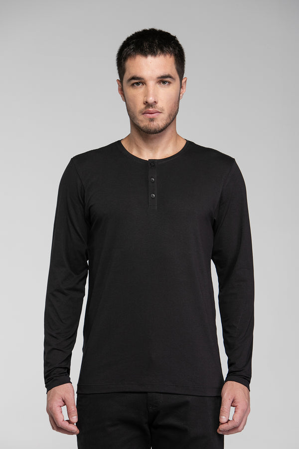 Camiseta Henley Manga Longa - Preto